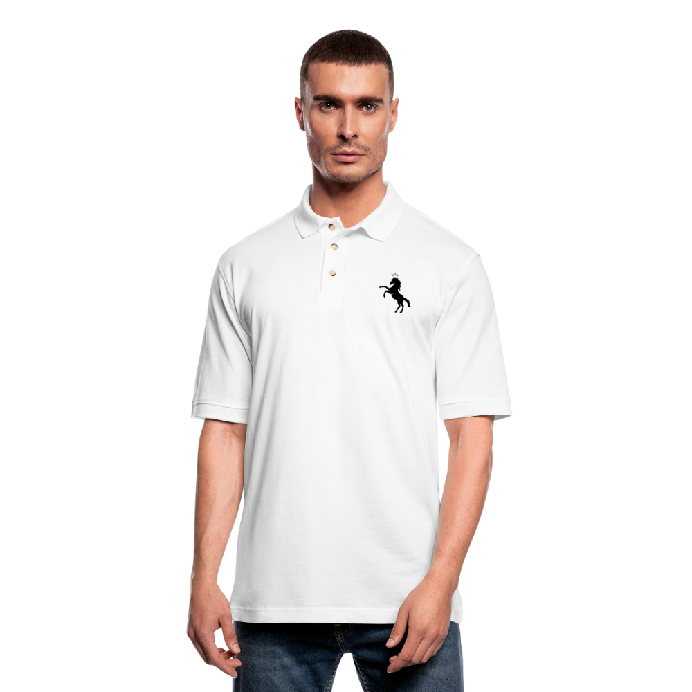 Crowned Black Horse Men's Pique Polo Shirt - white