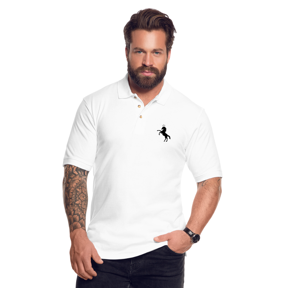 Crowned Black Horse Men's Pique Polo Shirt - white