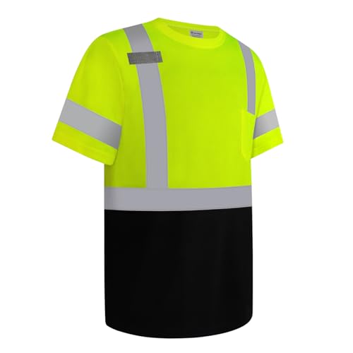 High Visibility Shirts for Men Class 3 Hi Vis Reflective Safety Construction Shirts for Men Women, Short Sleeve Work Shirts with Black Bottom, Meet ANSI, Durable & Breathable, Yellow L