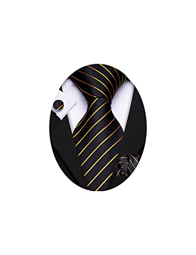 Barry.Wang Stripe Men Ties Set Classic WOVEN Necktie with Handkerchief Cufflinks Formal