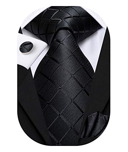 Hi-Tie Mens Plaid Ties Classic Paisley Necktie with Handkerchief Cufflinks Set Business Stripe Tie