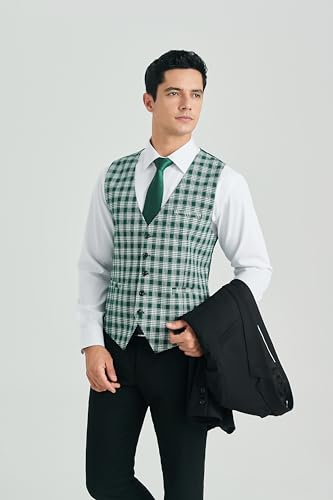 HISDERN Men's Suit Vest Plaid Dress Vest for Men Slim Fit Formal Business Waistcoat Tuxedo V-Ncek Solid Vest for Wedding