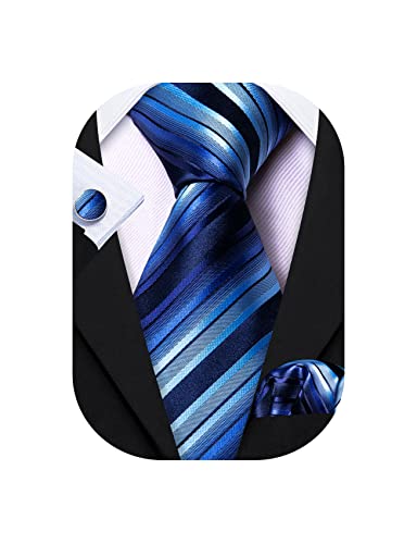 Barry.Wang Stripe Men Ties Set Classic WOVEN Necktie with Handkerchief Cufflinks Formal