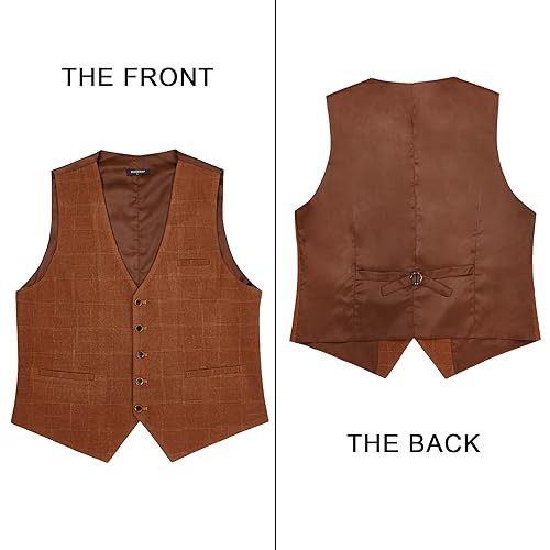 HISDERN Men's Suit Vest Business Plaid Formal Dress Waistcoat Slim Fit Vests for Men with 3 Pocket for Suit or Tuxedo