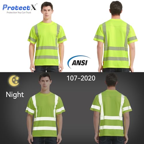 ProtectX High Visibility Short Sleeve Reflective Safety T-Shirt, Men's Heavy Duty Breathable Hi Vis Shirts, Class 2 Type R