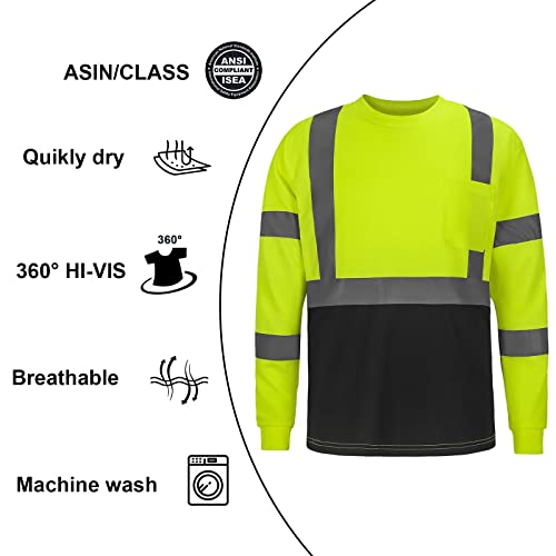 High Visibility Shirts Quick Dry Safety T Shirts with Reflective Strips and Pocket Short Sleeve Mesh Hi Vis Construction Work Class 2 Shirt for Men/Women Black Bottom Lime,Medium