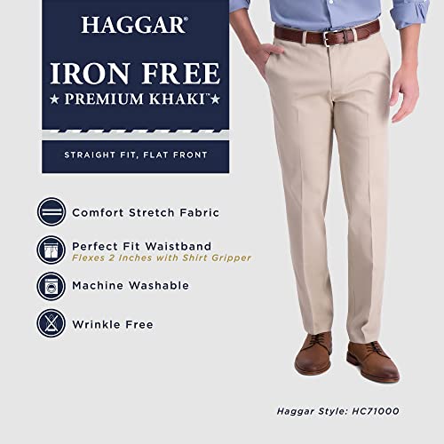 Haggar Men's Iron Free Premium Khaki Straight Fit Flat Front Flex Waistband Casual Pant