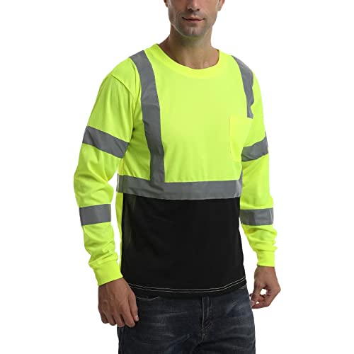 High Visibility Shirts Quick Dry Safety T Shirts with Reflective Strips and Pocket Short Sleeve Mesh Hi Vis Construction Work Class 2 Shirt for Men/Women Black Bottom Lime,Medium