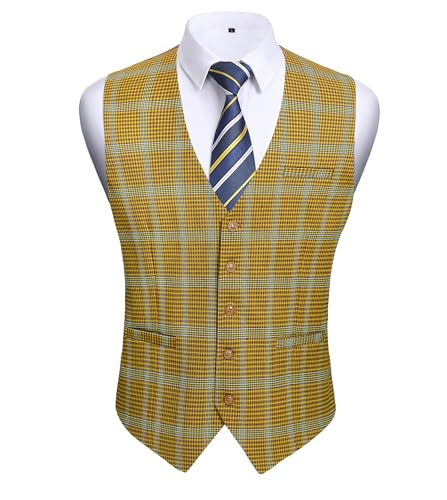 HISDERN Men's Suit Vest Business Plaid Formal Dress Waistcoat Slim Fit Vests for Men with 3 Pocket for Suit or Tuxedo