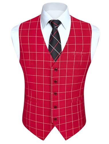 HISDERN Men's Suit Vest Business Plaid Formal Dress Waistcoat Slim Fit Vests for Men with 3 Pocket for Suit or Tuxedo