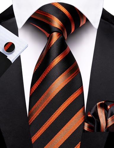 Barry.Wang Stripe Men Ties Set Classic WOVEN Necktie with Handkerchief Cufflinks Formal