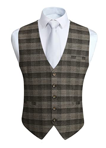 HISDERN Men's Suit Vest Business Plaid Formal Dress Waistcoat Slim Fit Vests for Men with 3 Pocket for Suit or Tuxedo