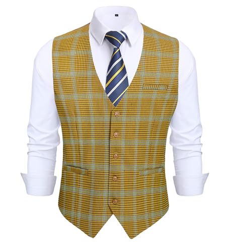 HISDERN Men's Suit Vest Business Plaid Formal Dress Waistcoat Slim Fit Vests for Men with 3 Pocket for Suit or Tuxedo