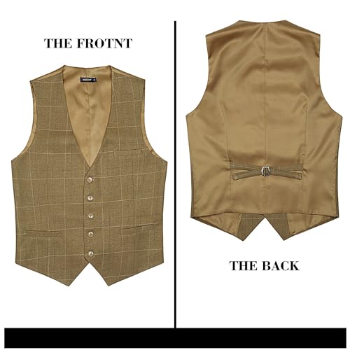 HISDERN Men's Suit Vest Plaid Dress Vest for Men Slim Fit Formal Business Waistcoat Tuxedo V-Ncek Solid Vest for Wedding