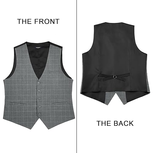 HISDERN Men's Suit Vest Business Plaid Formal Dress Waistcoat Slim Fit Vests for Men with 3 Pocket for Suit or Tuxedo