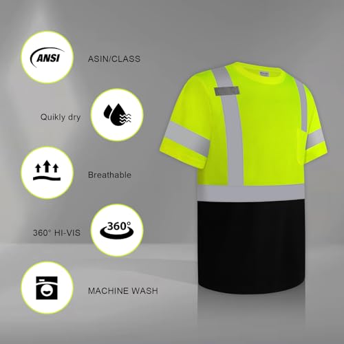 High Visibility Shirts for Men Class 3 Hi Vis Reflective Safety Construction Shirts for Men Women, Short Sleeve Work Shirts with Black Bottom, Meet ANSI, Durable & Breathable, Yellow L