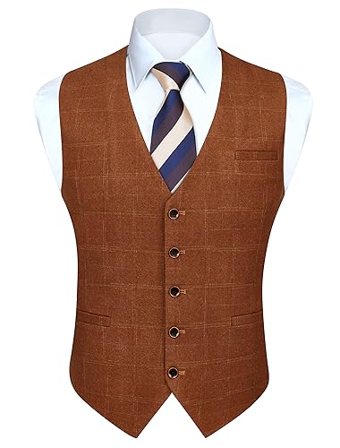 HISDERN Men's Suit Vest Business Plaid Formal Dress Waistcoat Slim Fit Vests for Men with 3 Pocket for Suit or Tuxedo