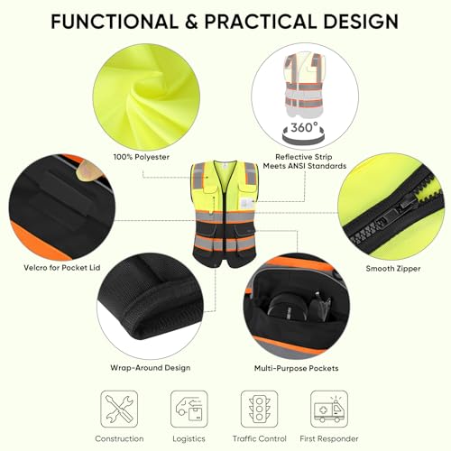 TICONN Reflective Safety Vest High Visibility Class II Mesh Vest for Women & Men Meets ANSI Standards