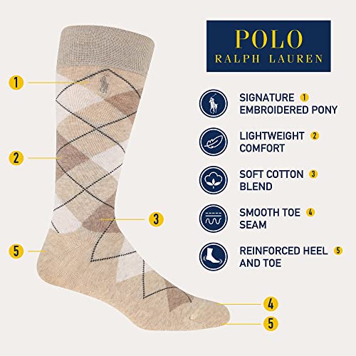 POLO RALPH LAUREN mens Argyle Pattern Dress Crew Socks - 3 Pair Pack - Soft Lightweight Cotton Comfort