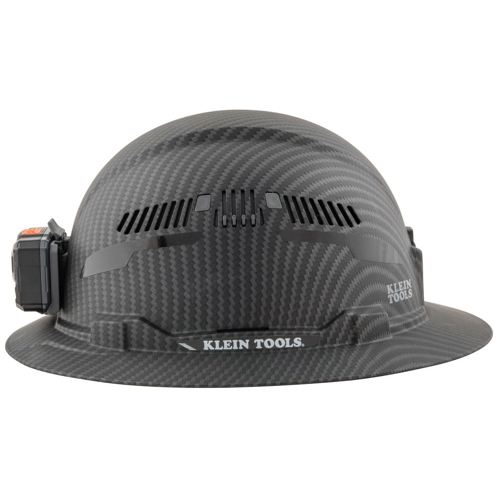 Klein Tools 60347 Hard Hat, Vented Full Brim, Class C, Premium KARBN Pattern, Rechargeable Lamp, Padded Sweat-Wicking Sweatband, Top Pad