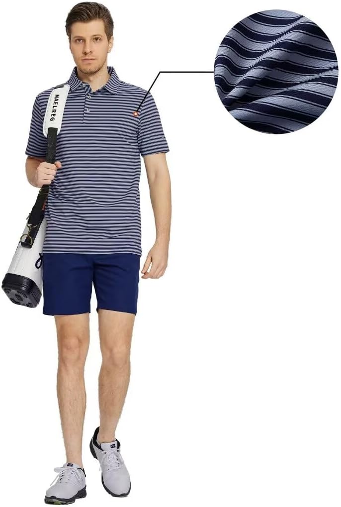 M MAELREG Golf Shirts for Men Short Sleeve Dry Fit Casual Striped Performance Moisture Wicking Collared Mens Polo Shirts