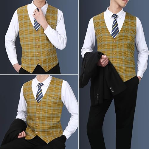 HISDERN Men's Suit Vest Business Plaid Formal Dress Waistcoat Slim Fit Vests for Men with 3 Pocket for Suit or Tuxedo