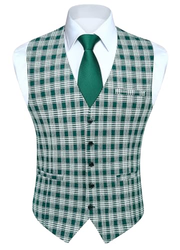 HISDERN Men's Suit Vest Plaid Dress Vest for Men Slim Fit Formal Business Waistcoat Tuxedo V-Ncek Solid Vest for Wedding