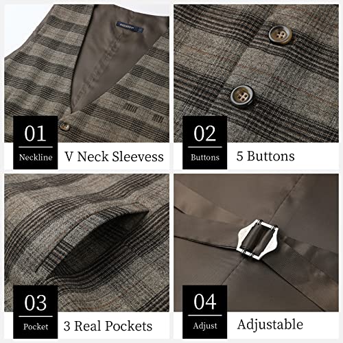 HISDERN Men's Suit Vest Business Plaid Formal Dress Waistcoat Slim Fit Vests for Men with 3 Pocket for Suit or Tuxedo