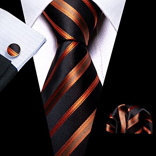 Barry.Wang Stripe Men Ties Set Classic WOVEN Necktie with Handkerchief Cufflinks Formal