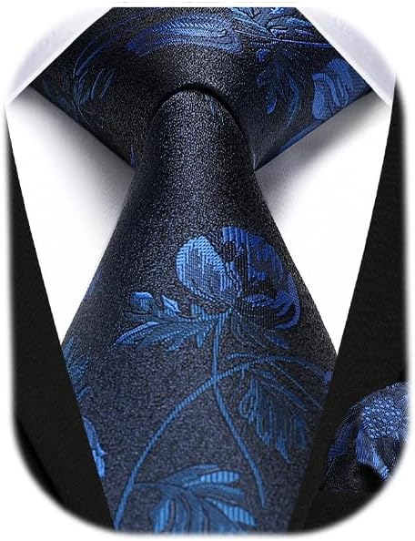 Men Floral Ties Woven Classic 3.4" NeckTie Set Formal Tie Pocket Square for Wedding with Handkerchief