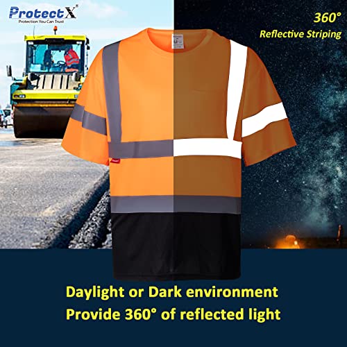 ProtectX High Visibility Short Sleeve Reflective Safety T-Shirt, Men's Heavy Duty Breathable Hi Vis Shirts, Class 2 Type R