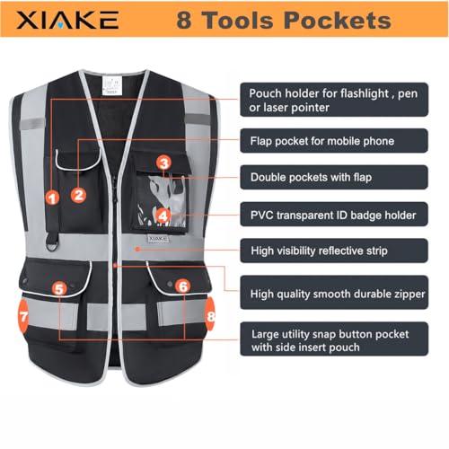 XIAKE Multiple Pockets Class 2 High Visibility Reflective Safety Vest Men Women Work Construction Vest Meets ANSI Standards