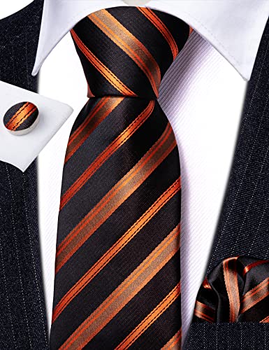 Barry.Wang Stripe Men Ties Set Classic WOVEN Necktie with Handkerchief Cufflinks Formal