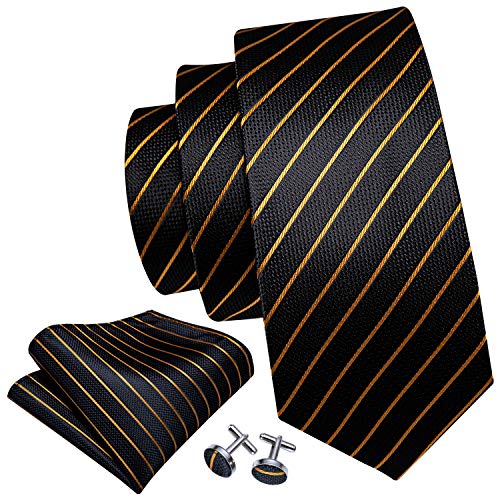 Barry.Wang Stripe Men Ties Set Classic WOVEN Necktie with Handkerchief Cufflinks Formal