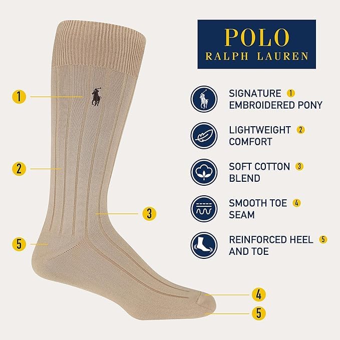 Polo Ralph Lauren Men's Super Soft Ribbed Dress Crew Socks -3 Pair Pack- Lightweight Comfort