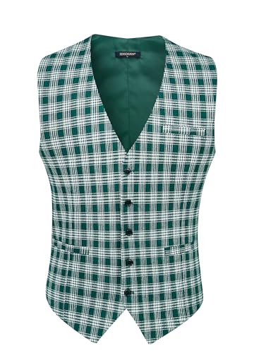 HISDERN Men's Suit Vest Plaid Dress Vest for Men Slim Fit Formal Business Waistcoat Tuxedo V-Ncek Solid Vest for Wedding