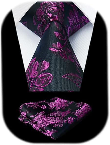 Men Floral Ties Woven Classic 3.4" NeckTie Set Formal Tie Pocket Square for Wedding with Handkerchief