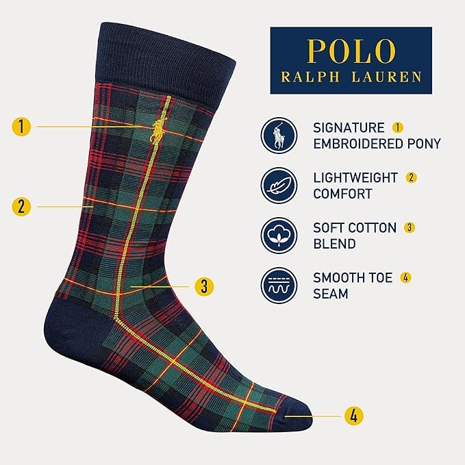 POLO RALPH LAUREN mens Argyle Pattern Dress Crew Socks - 3 Pair Pack - Soft Lightweight Cotton Comfort