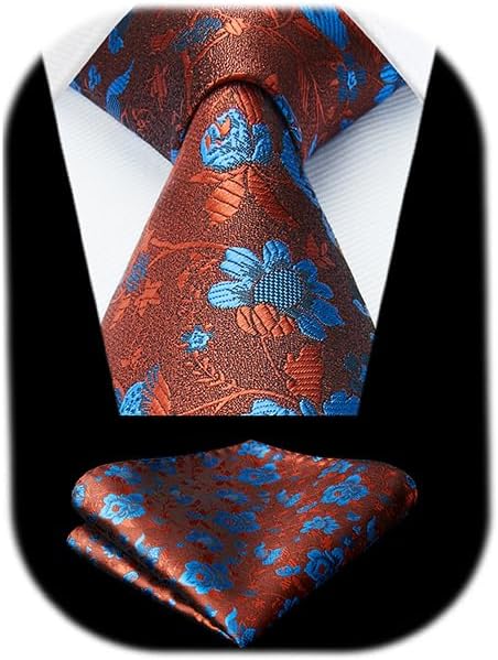 Men Floral Ties Woven Classic 3.4" NeckTie Set Formal Tie Pocket Square for Wedding with Handkerchief