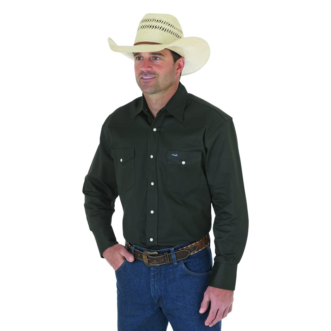 Wrangler Mens Cowboy Cut Firm Finish Long Sleeve Western Snap Solid Work Shirt