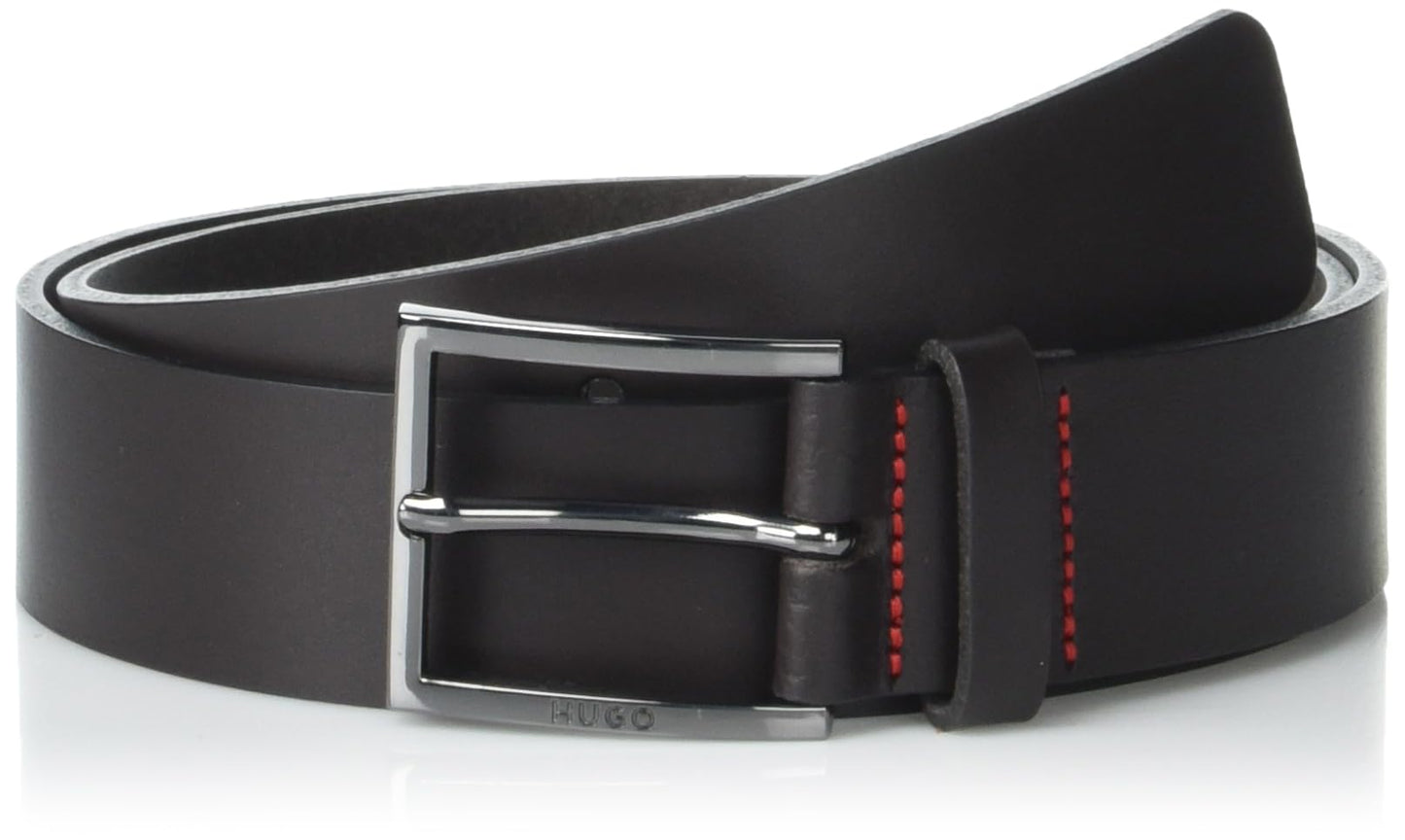 HUGO mens Dressy Leather Belt With Gun Metal Hardware