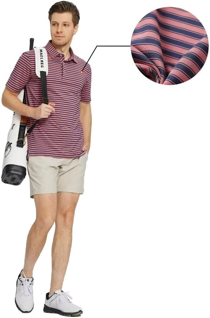 M MAELREG Golf Shirts for Men Short Sleeve Dry Fit Casual Striped Performance Moisture Wicking Collared Mens Polo Shirts