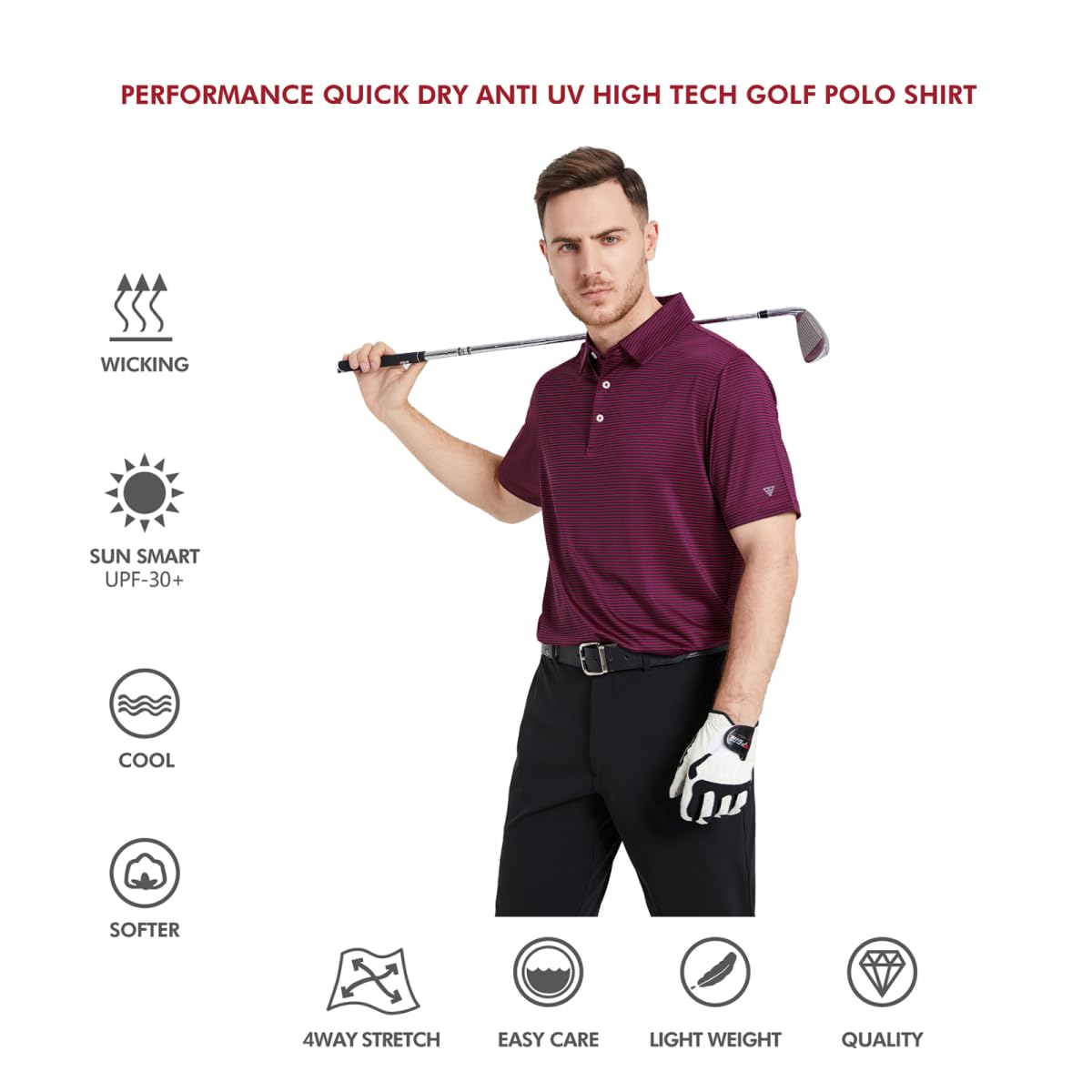 Men's Golf Polo Shirts Short Sleeve Striped Performance Moisture Wicking Dry Fit Golf Shirts for Men