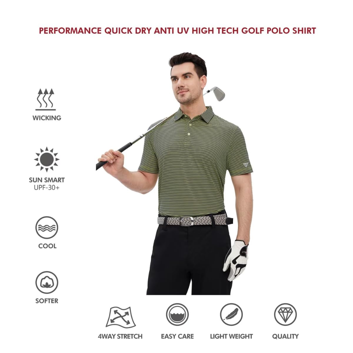 Men's Golf Polo Shirts Short Sleeve Striped Performance Moisture Wicking Dry Fit Golf Shirts for Men