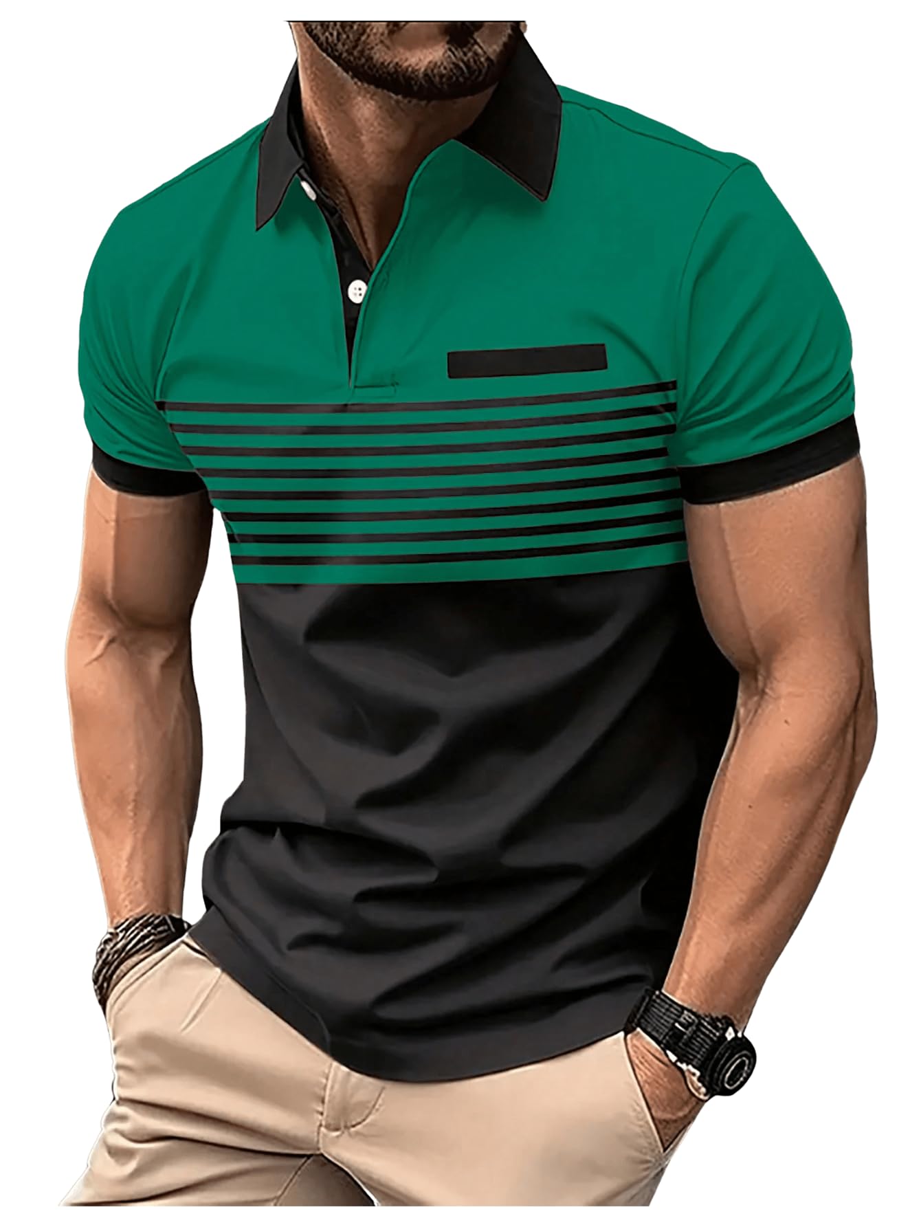 SOLY HUX Men's Golf Polo Shirts Short Sleeve Collar Tennis Shirt Color Block Striped Work T-Shirt