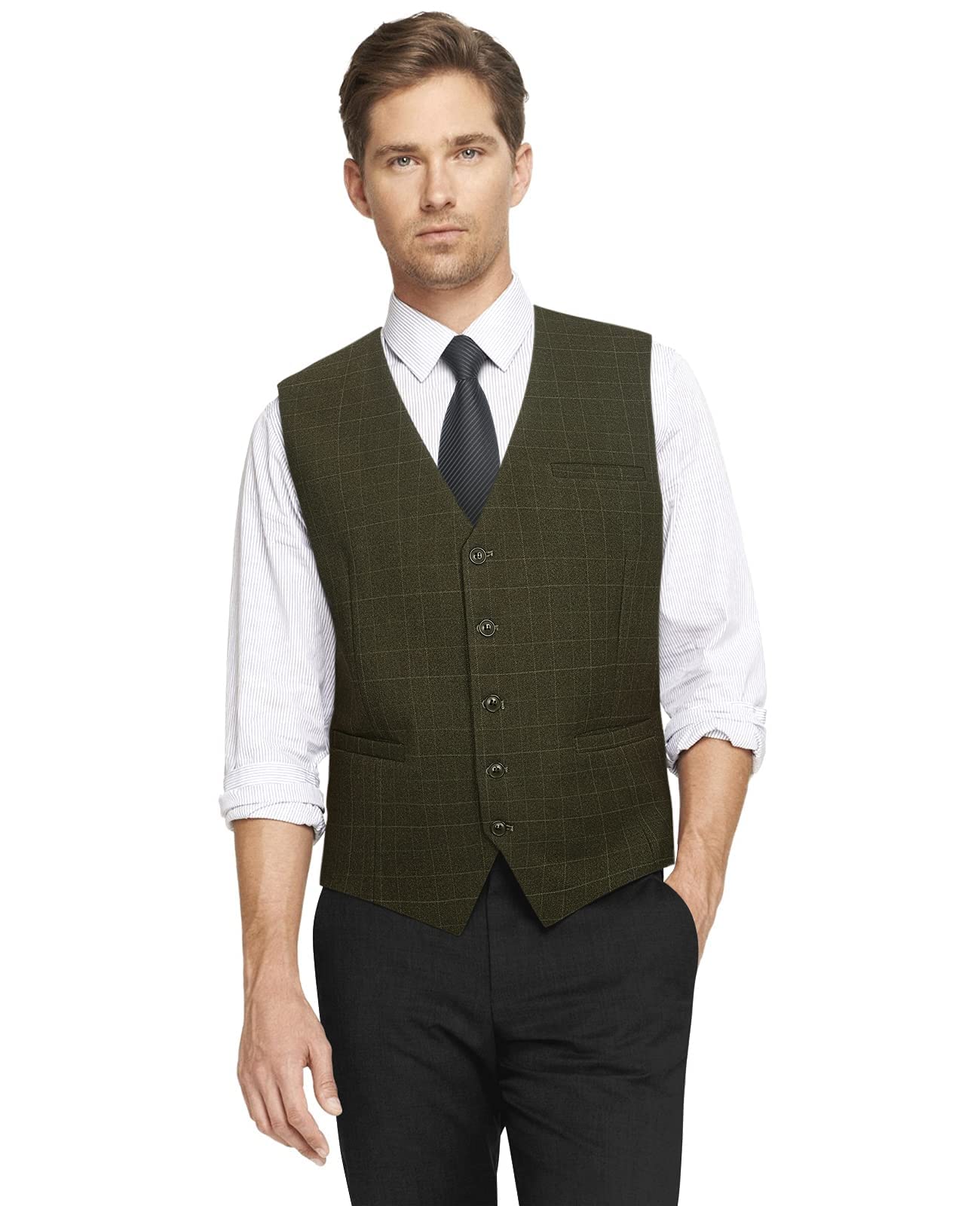 HISDERN Men's Suit Vest Plaid Dress Vest for Men Slim Fit Formal Business Waistcoat Tuxedo V-Ncek Solid Vest for Wedding