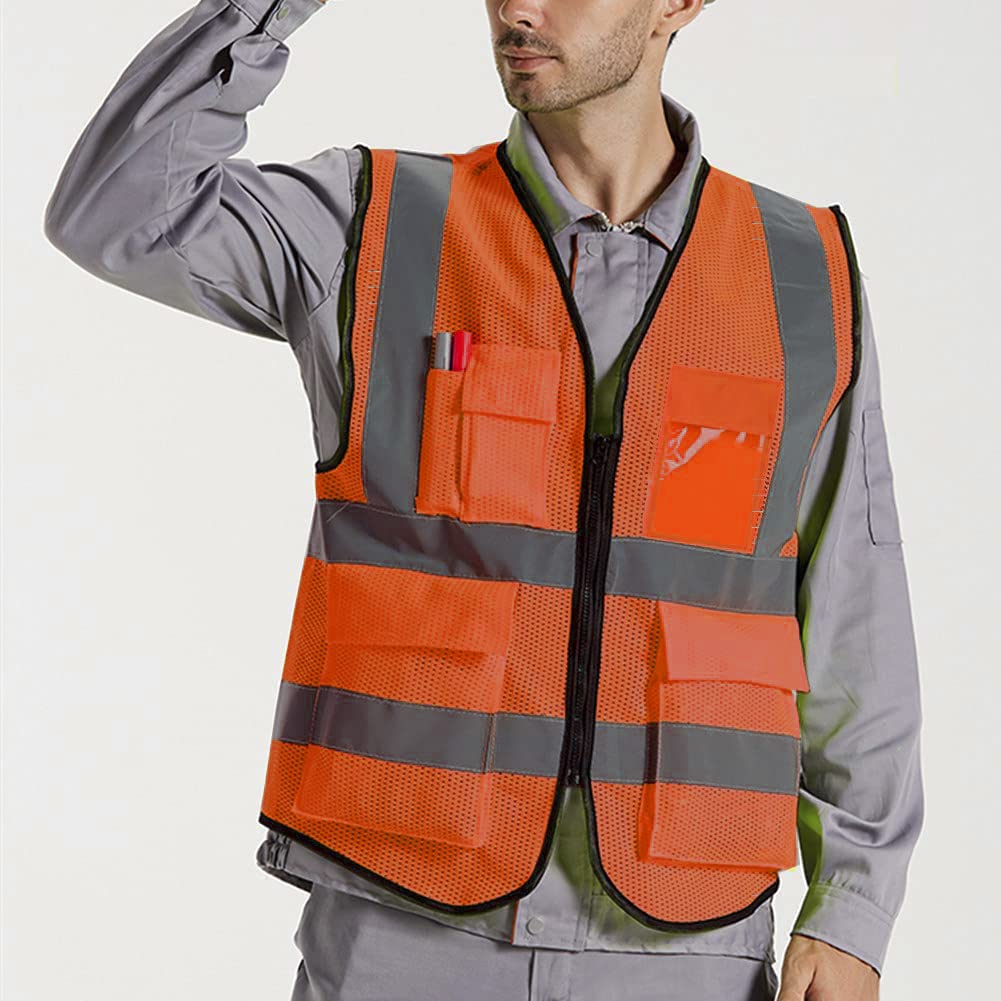 XIAKE Multiple Pockets Class 2 High Visibility Reflective Safety Vest Men Women Work Construction Vest Meets ANSI Standards