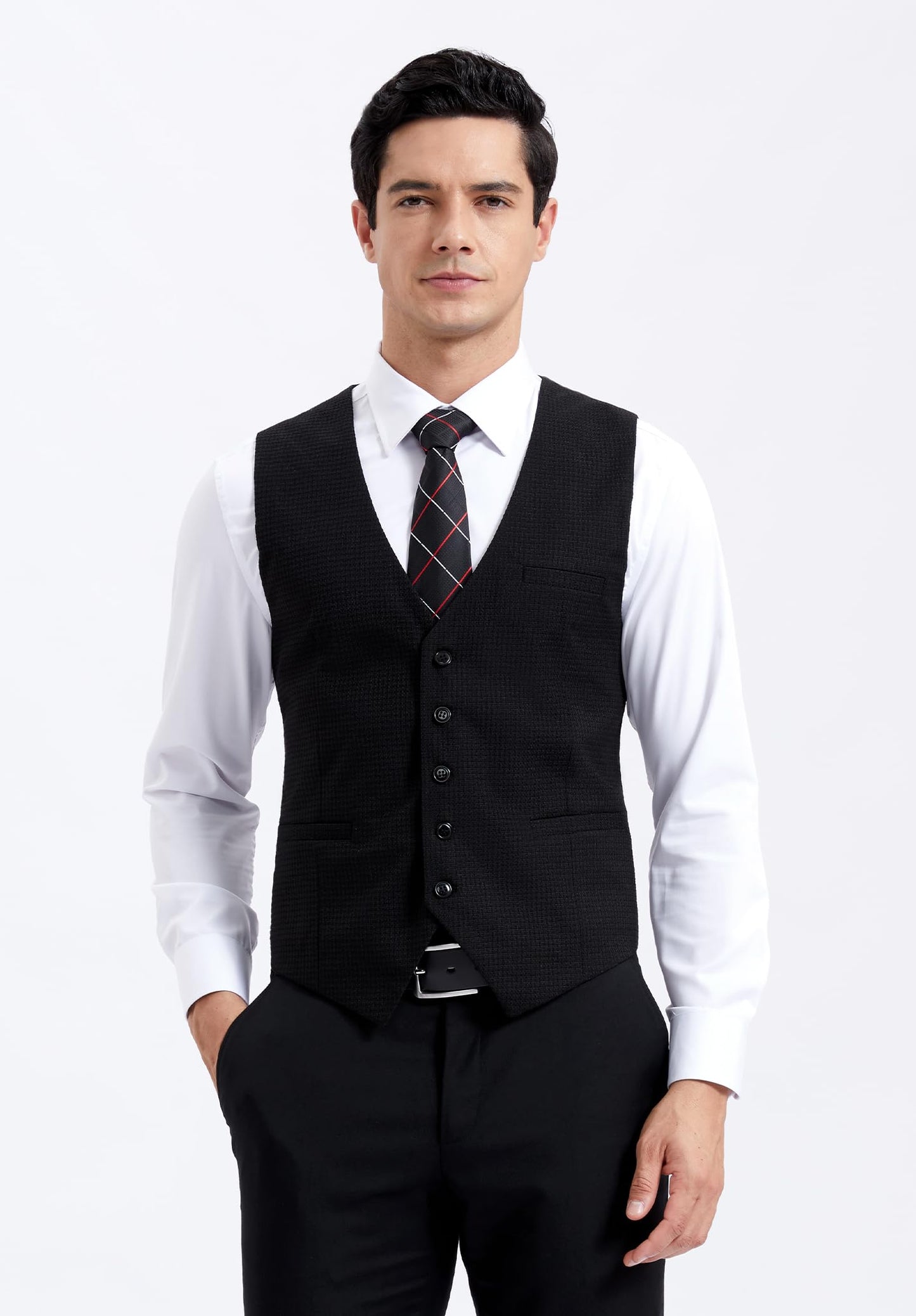 HISDERN Men's Suit Vest Business Plaid Formal Dress Waistcoat Slim Fit Vests for Men with 3 Pocket for Suit or Tuxedo