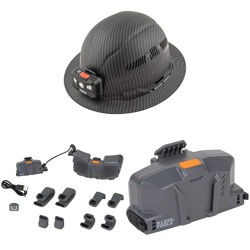 Klein Tools 60347 Hard Hat, Vented Full Brim, Class C, Premium KARBN Pattern, Rechargeable Lamp, Padded Sweat-Wicking Sweatband, Top Pad