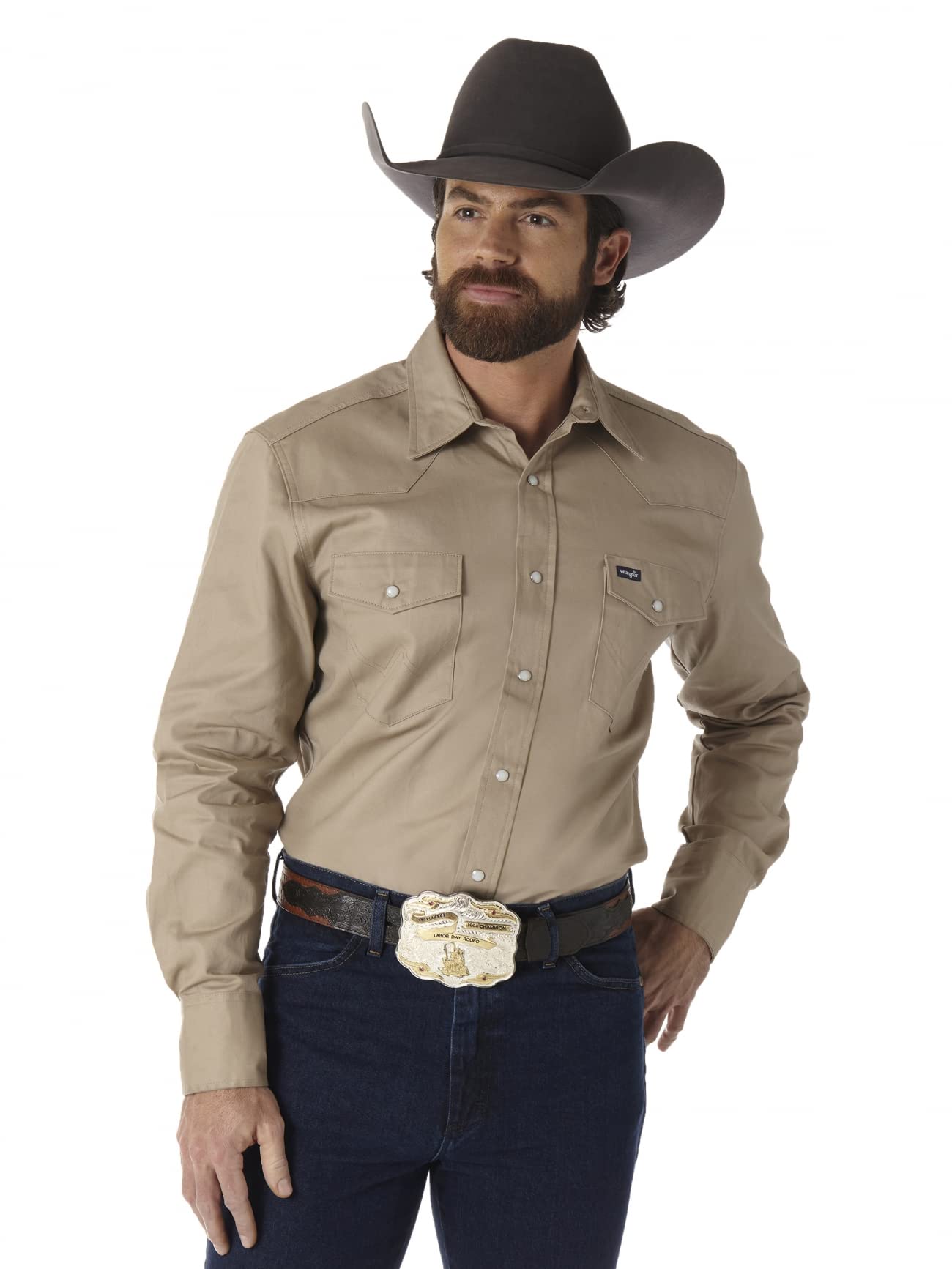 Wrangler Mens Cowboy Cut Firm Finish Long Sleeve Western Snap Solid Work Shirt